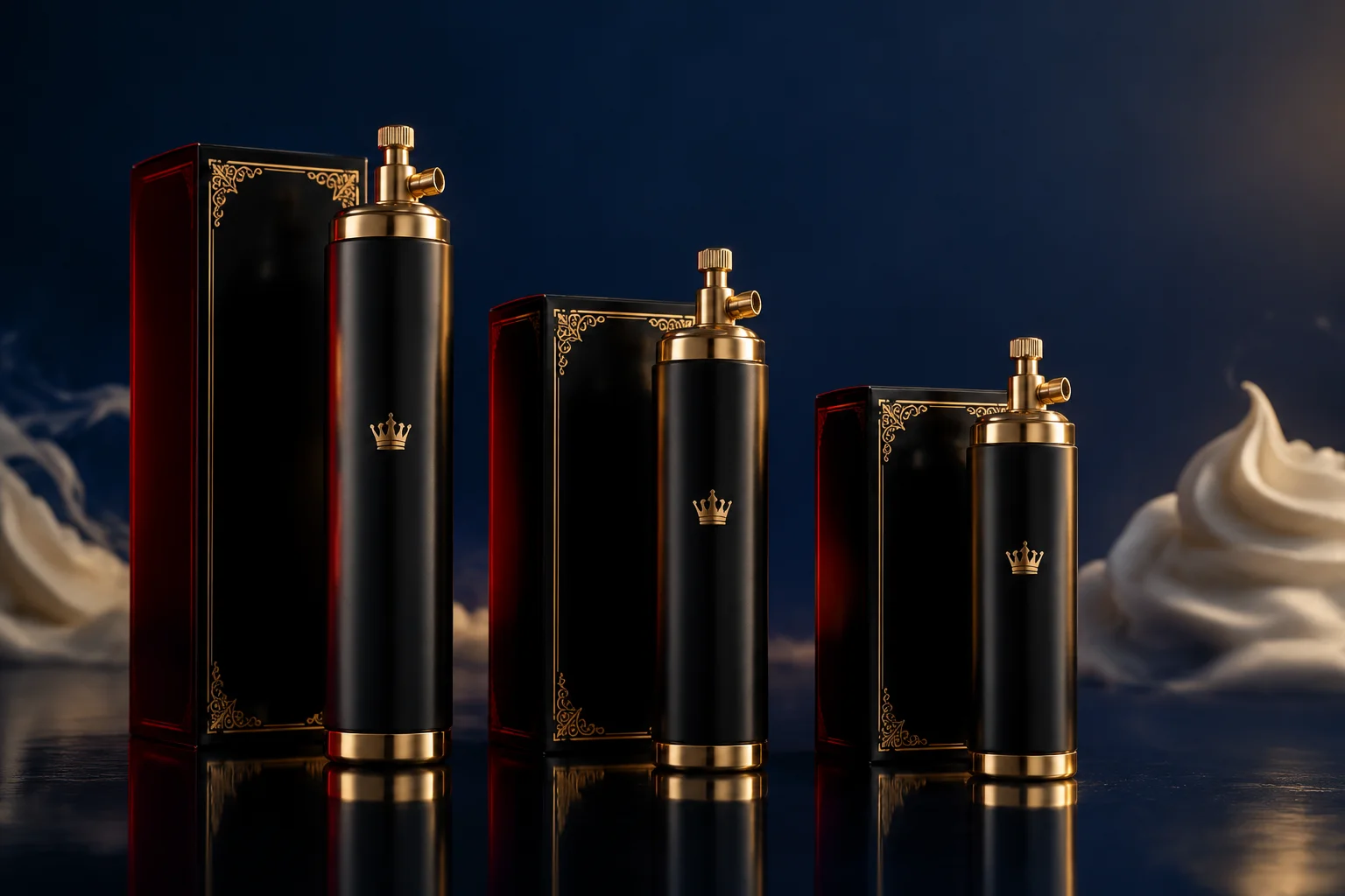 CROWN GAS black and gold cream charger cylinder lineup on deep navy backdrop