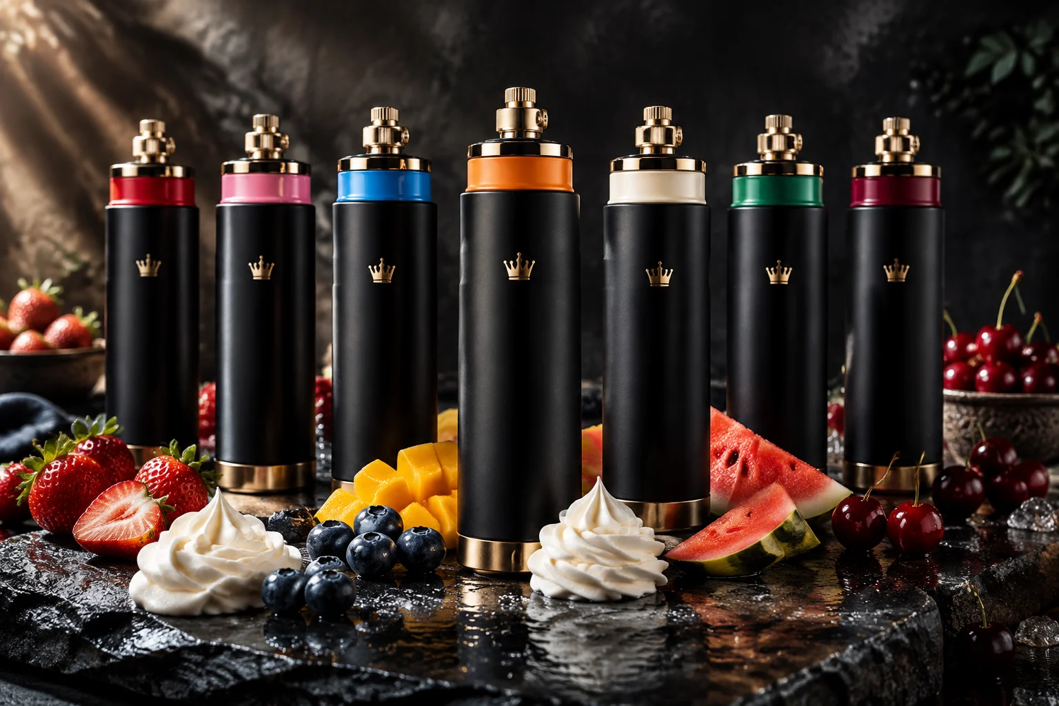 Seven CROWN GAS cream charger cylinders with colored flavor collars surrounded by fresh fruit and cream