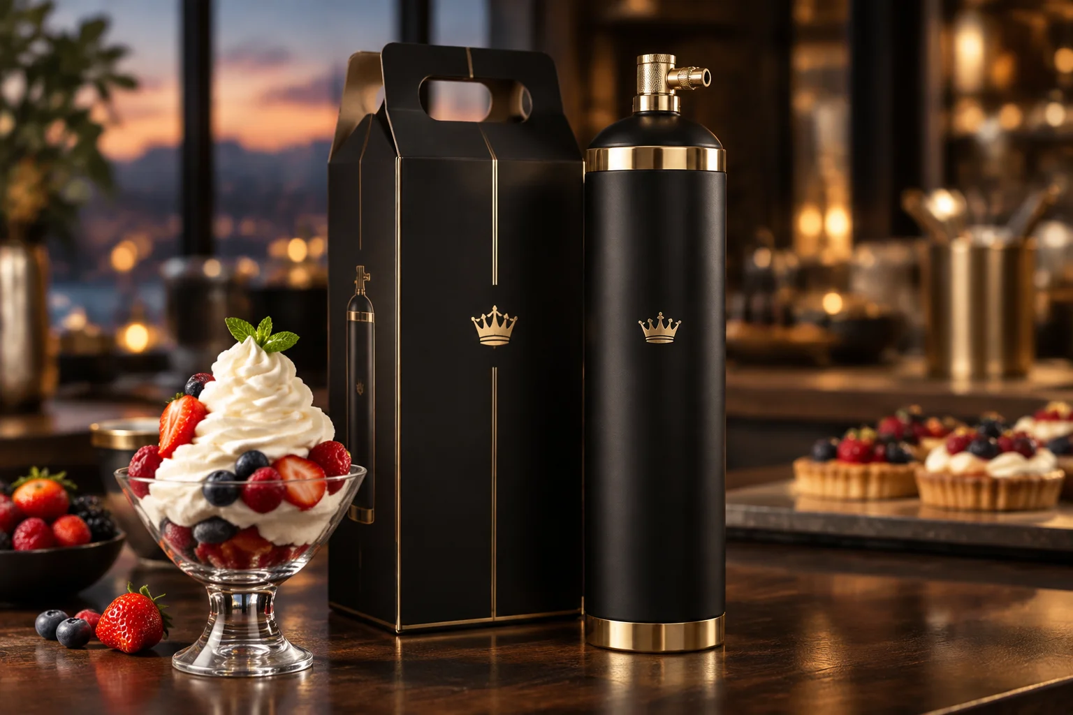 CROWN GAS flagship cylinder with carry pack beside a whipped cream dessert in a pastry kitchen